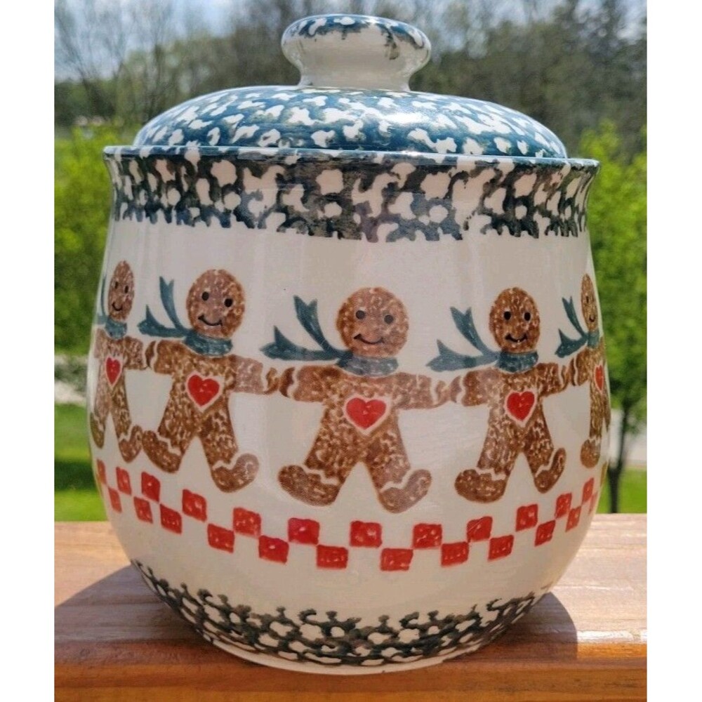 Folk Craft Gingerbread Tienshan Cookie Jar with Lid Sponge Green Christmas '98